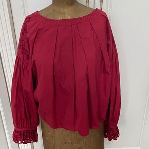 Free People Red Blouse with Embroidered Sleeves